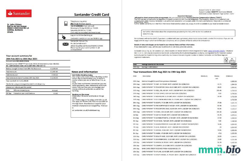 Hiszpania Santander 1 strona szablon w formacie excel pdf